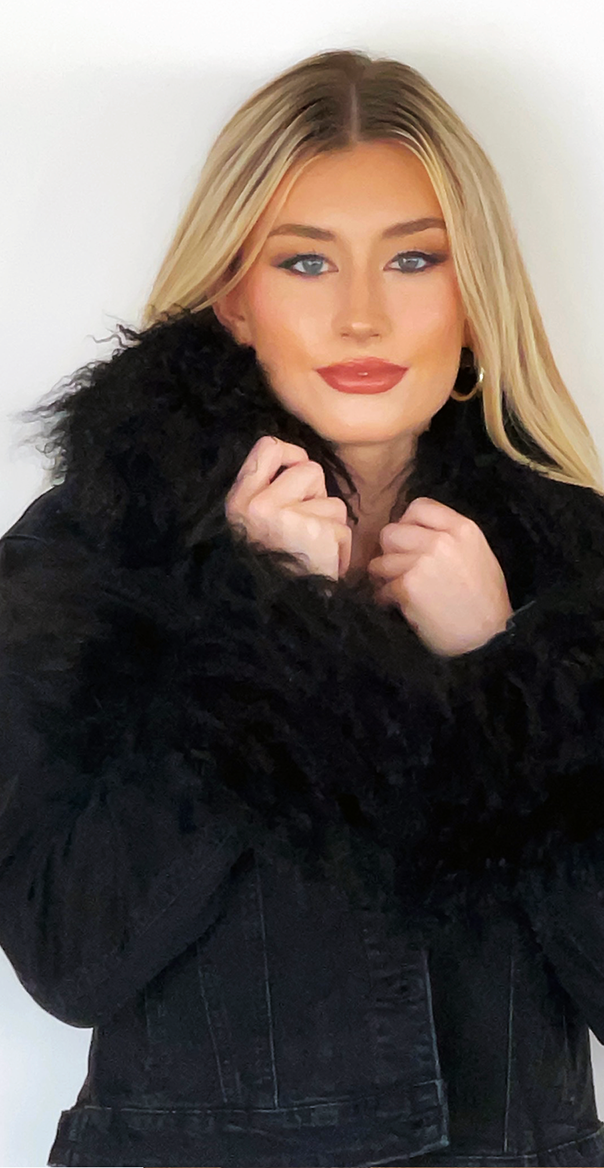 Anna Irion Signature Black Jean Jacket with Black Mongolian Lamb